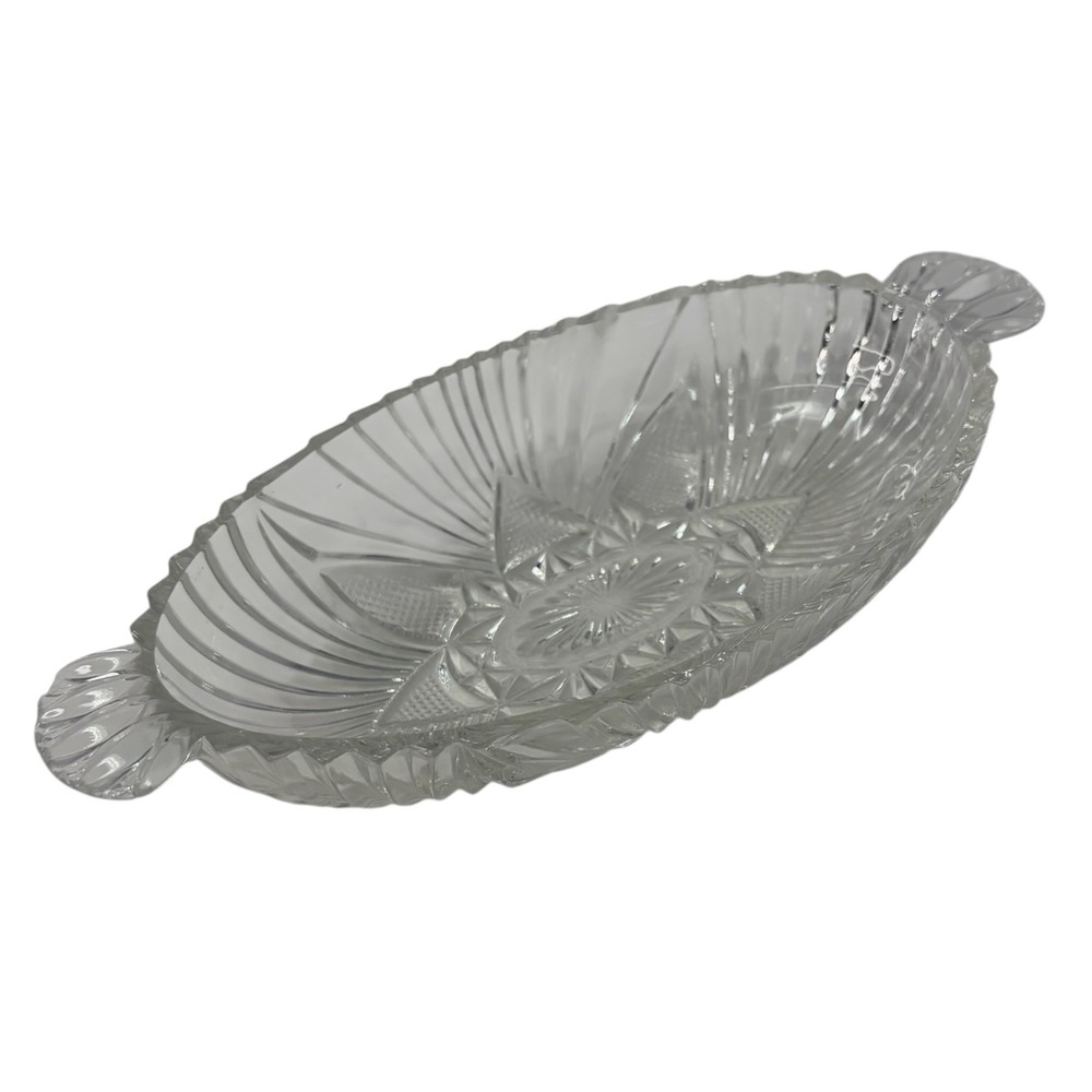 Vtg Hazel Atlas No 573 Clear Glass Handled Olive Relish Dish 8" Pressed Glass